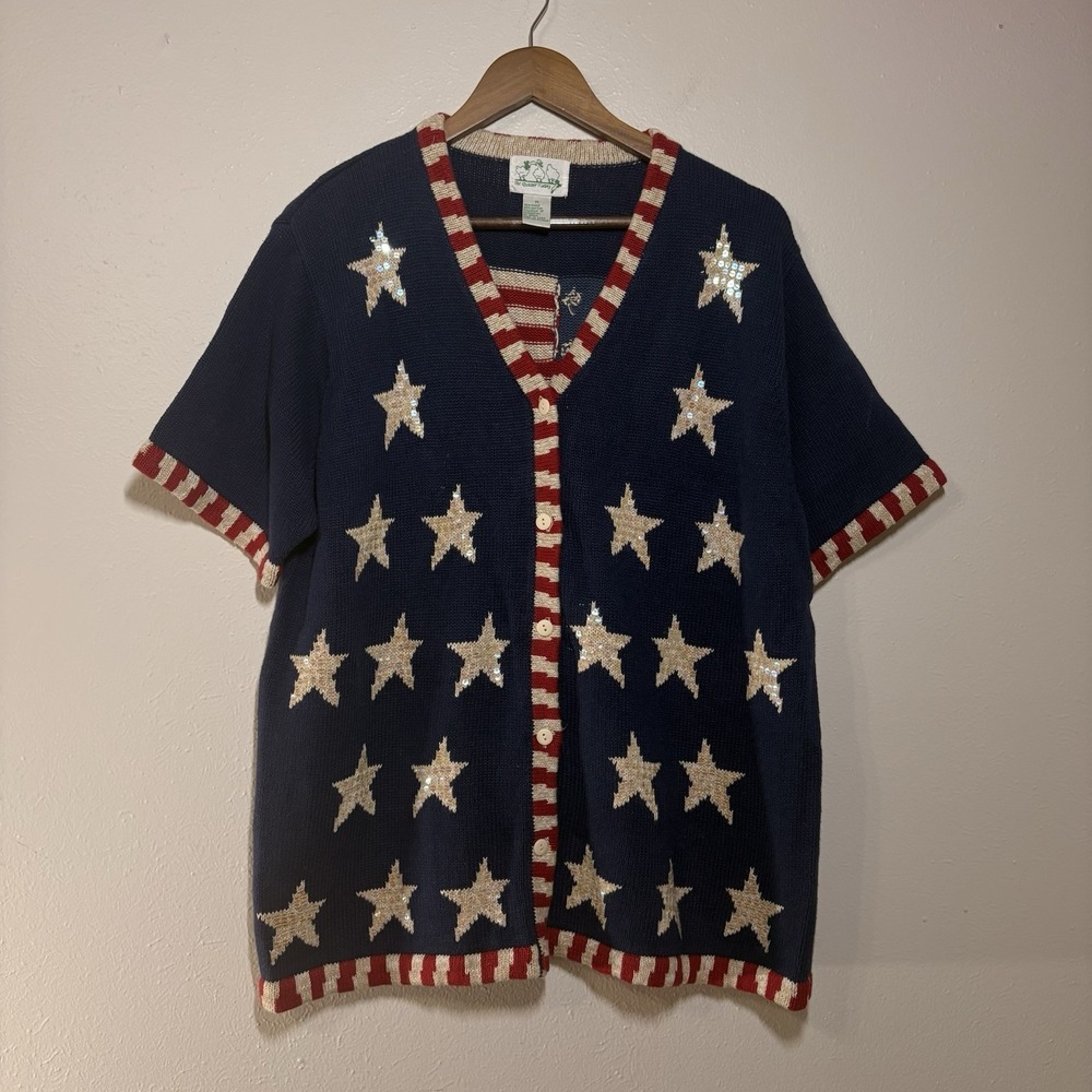 Quaker Factory Sweater Cardigan American Flag Patriotic Plus Size 1X Sequin Knit